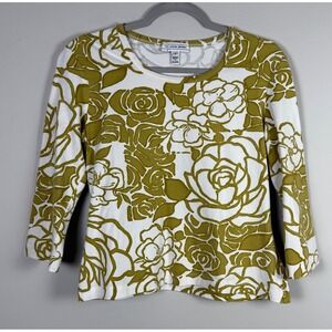 St John Sport Olive Green White Floral Rose Scoop Neck 3/4 Sleeve Top Medium